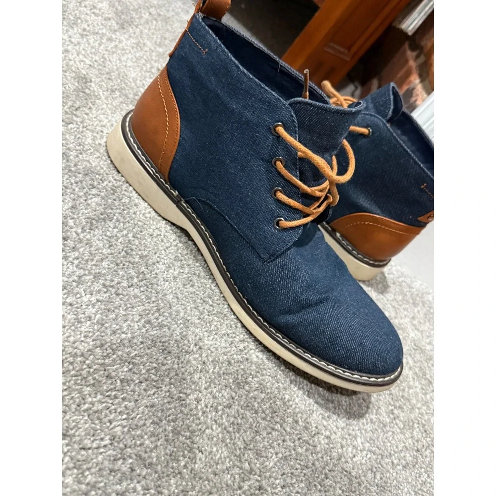 London Fog Mens Navy Denim Chukka Boots Brown Trim Lace Up Ankle Boots Size 10